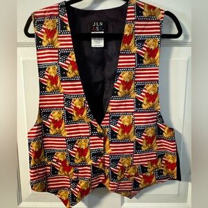 VTG 90s Teddy Bear Bow & Flag Print Vest Tie Back Cotton USA Teacher Patriotic
